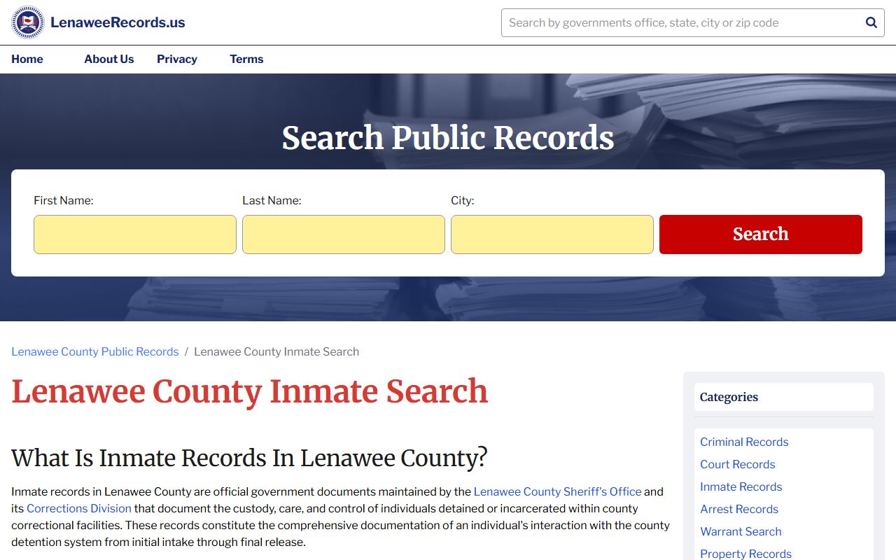 Lenawee County inmate population search page