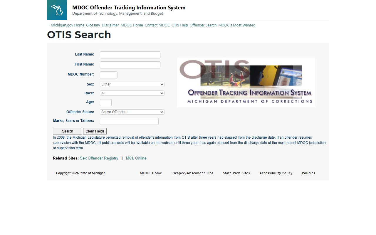 Michigan OTIS search interface for inmate population records